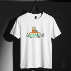 Seyahat Valizli Retro Karavan ve Çiçek Detaylı Baskılı Tişört